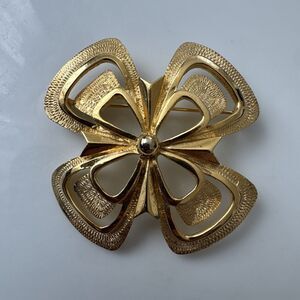 Vintage Gold Tone Abstract Bow Flower Brooch Statement Costume Jewelry